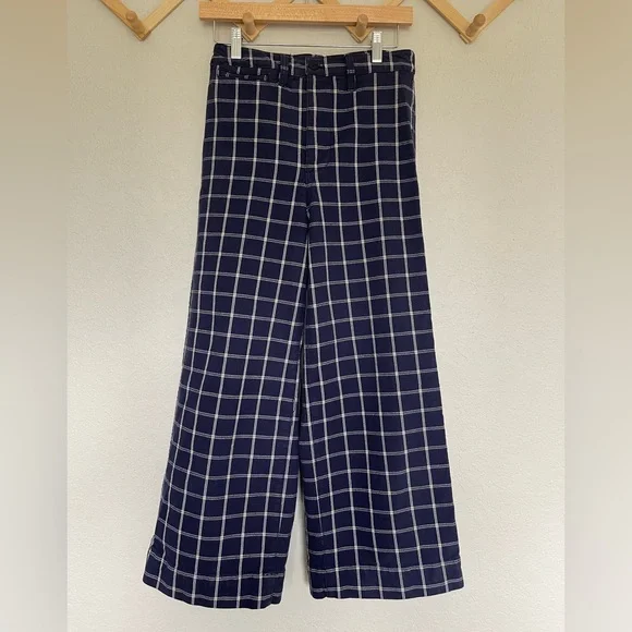 Madewell Plaid Navy High Rise Wide Leg Crop Pants - Picture 2 of 14
